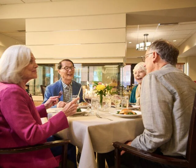 group of well-dressed senior friends enjoying a meal together in an elegant setting