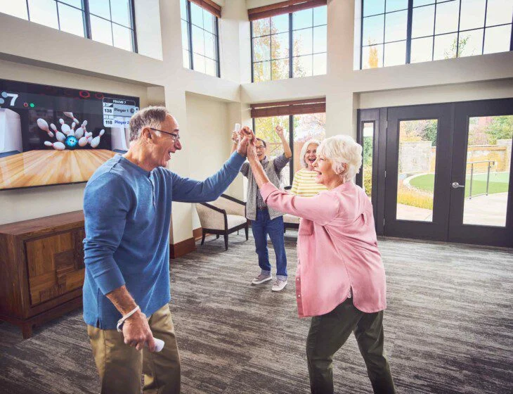 Playing Wii bowling in the Lakeside room