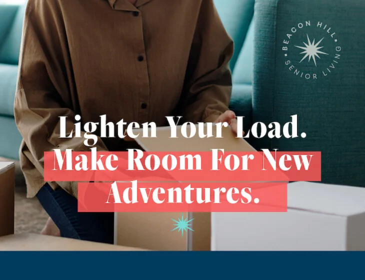 Someone kneeling packing a box with text Lighten Your Load. Make Room For New Adventures.