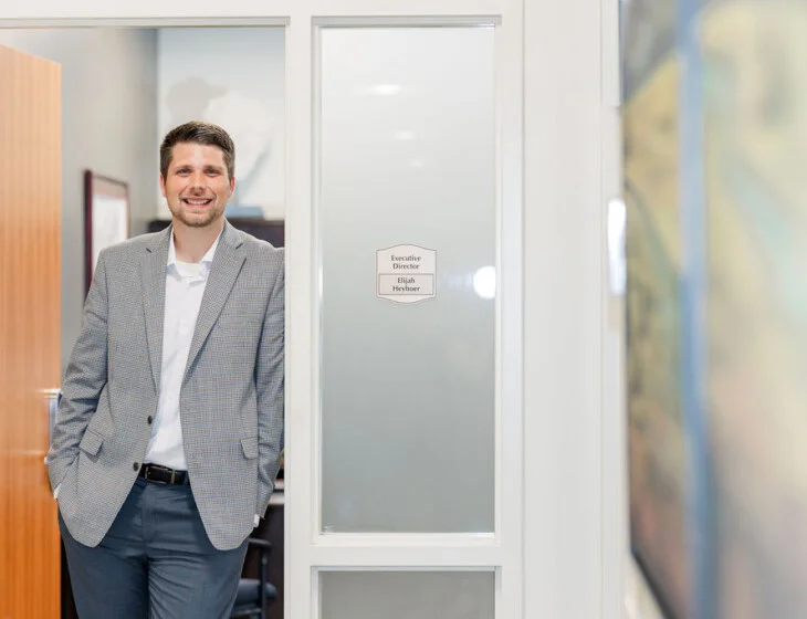 Executive Director Elijah Heyboer outside his office at Beacon Hill in Lombard, Illinois