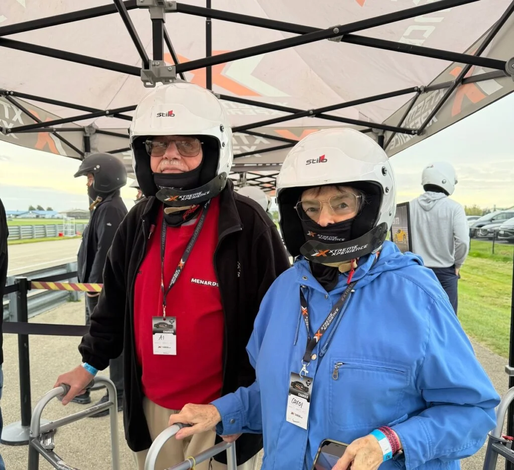 Beacon Hill resident in a helmet before taking four laps in a Dodge Hellcat