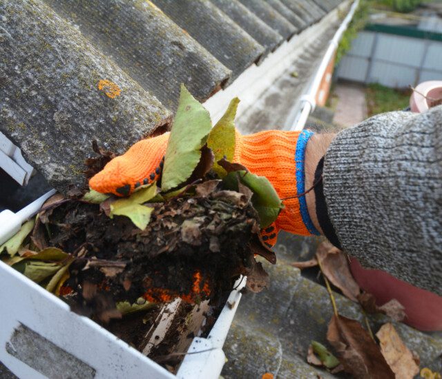 close-up of gloved hand cleaning out debris from a gutter