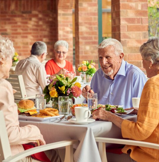 group of well-dressed seniors smile while dining outdoors together and conversing
